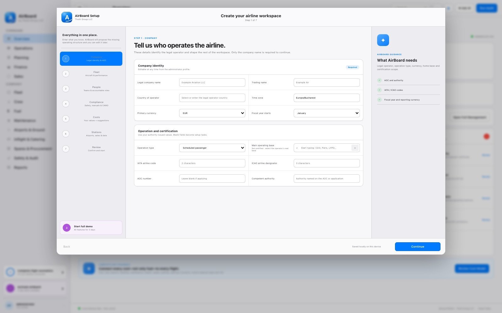 AirBoard airline setup with airport search